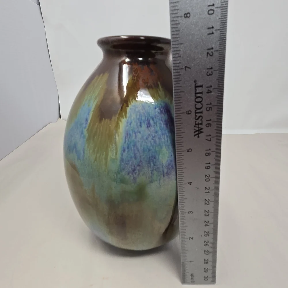Pottery Vase Egg Shape Multicolor Glazed Timeless Beauty Drip Brown Over Blue